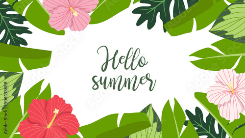 Banner design with summer tropical plants. Monstera, banana leaves, hibiscus and other exotic plants vector illustrtion. Background design for social media, greeting cards, invitations, postcards.