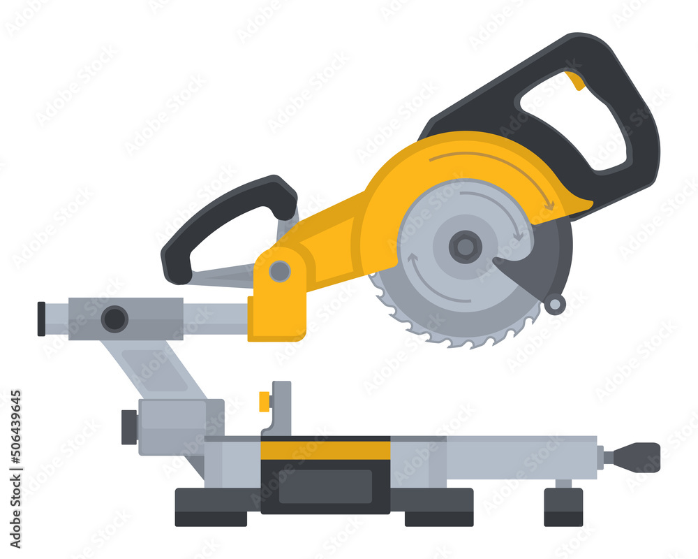 Miter saw with steel toothed disc. Vector flat woodworking tool