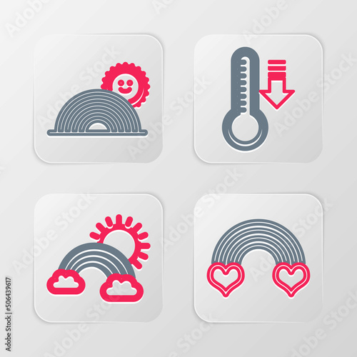 Set line Rainbow with heart, clouds and sun, Meteorology thermometer and icon. Vector