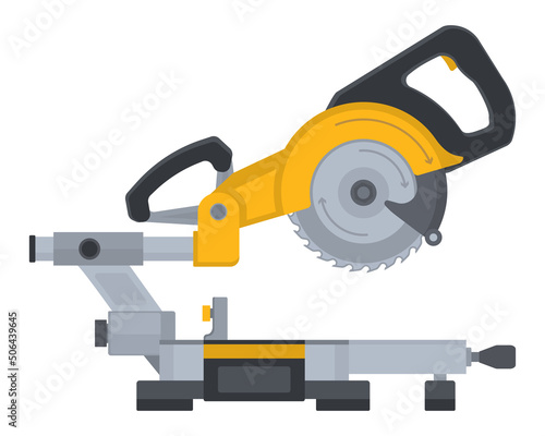 Miter saw with steel toothed disc. Vector flat woodworking tool. Electric hand tool for cutting wood or metal. Building equipment