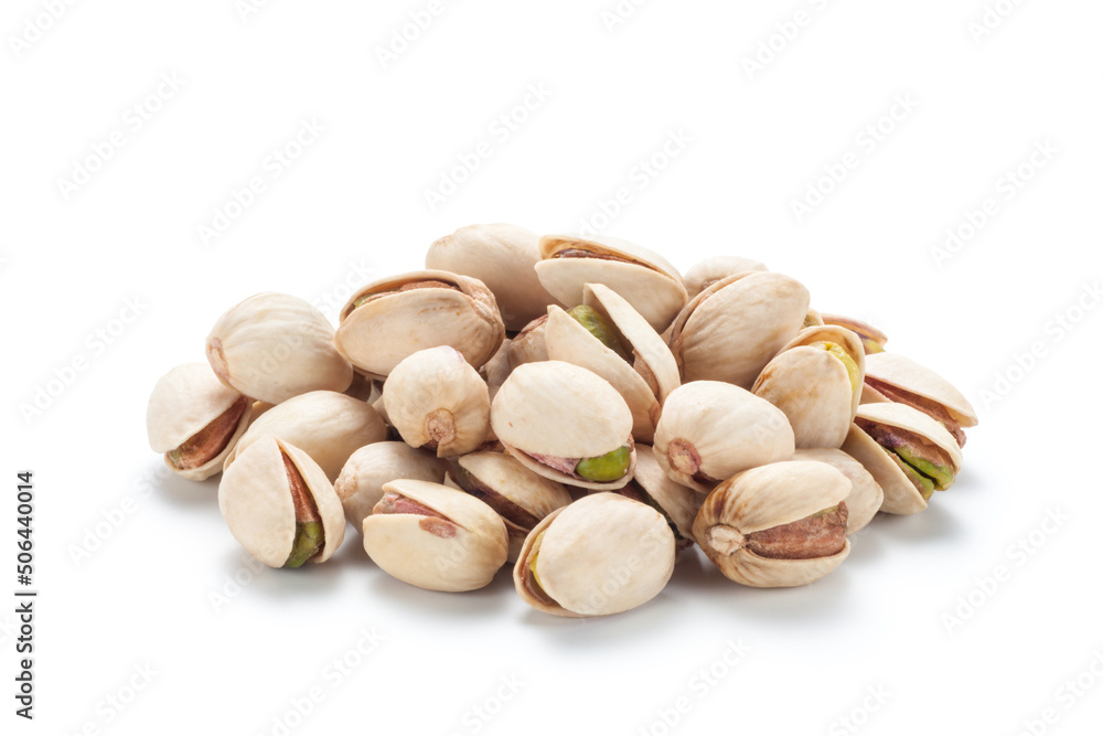Pile of salted pistachio nuts isolated on white background Pile of salted pistachio nuts isolated on white background