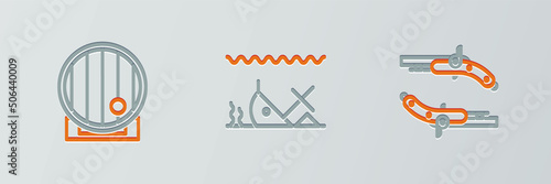 Set line Vintage pistols, Wooden barrel and Sunken ship icon. Vector