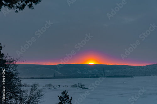 Sunrise in Samarskaya Luka National Park on a frosty winter morning 