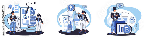 Cryptocurrency bitcoin mining metaphor Blockchain exchange platform. Cyber banking procedures, bitcoin trading, wallet. Ecurrency transactions. Digital currency, cryptocurrency market, hidden mining