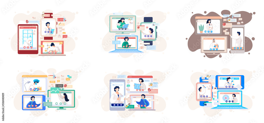 Online doctor conference, consultation via your smartphone. Concept for medical app and websites. Remote meetings of scientists conferring on fight against viruses and scientific researches Online doctor conference, consultation via your smartphone. Concept for medical app and websites. Remote meetings of scientists conferring on fight against viruses and scientific researches