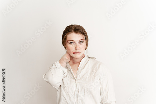 victim of violence, on a white background in a white shirt