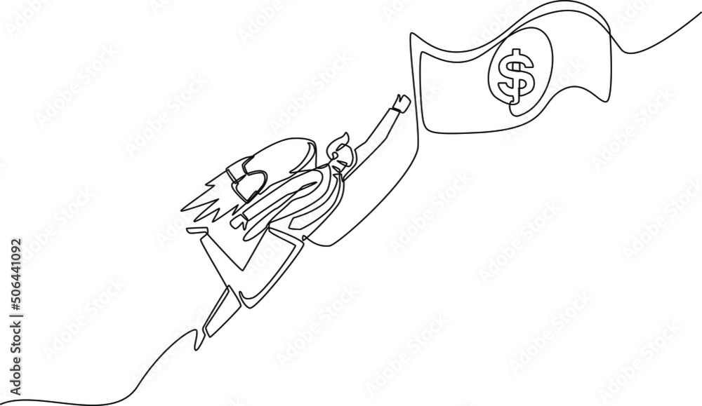 Continuous line drawing of businessman with rocket flying with money. Finance and Investment. Single line draw design vector graphic illustration. Continuous line drawing of businessman with rocket flying with money. Finance and Investment. Single line draw design vector graphic illustration.