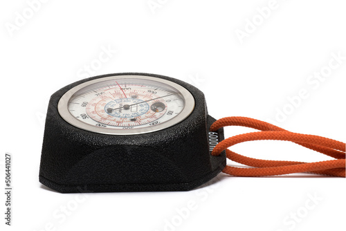 Fotografia lying analog altimeter orange rope white background