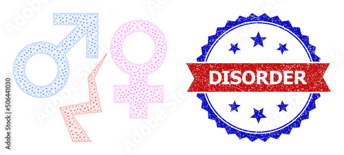 Polygonal divorce frame icon, and bicolor rubber Disorder seal. Polygonal wireframe illustration is designed with divorce icon. Vector watermark with Disorder text inside red ribbon and blue rosette,