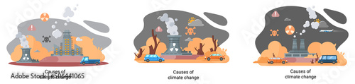 Global environmental problems. Land degradation. Soil erosion, desertification, deforestation. Causes climate change metaphor. Harm from activities industrial enterprises and emissions destroy planet