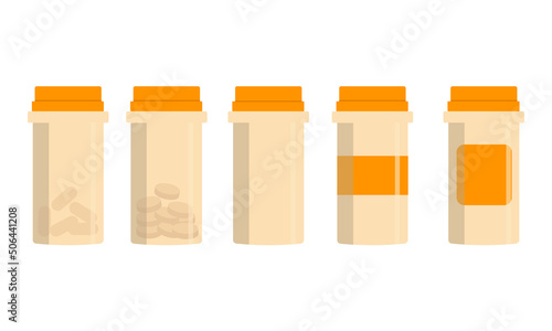 Set of medical orange bottles with label and pills. Flat illustration
