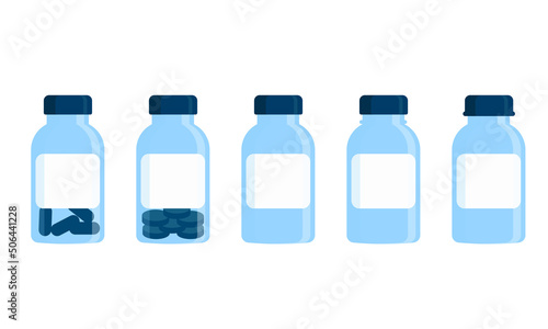 Set of medical bottles with label and pills. Flat illustration