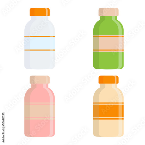 Medical bottle with different color label. Vector flat illustration
