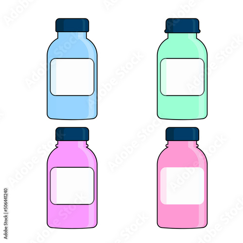 Set of medical colored bottles with labels.