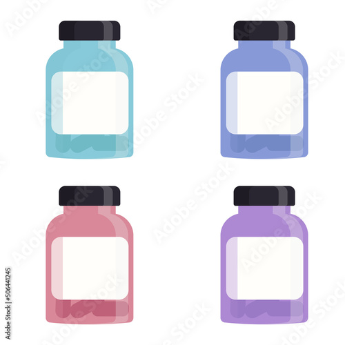 Set of colored medical bottles with pills.