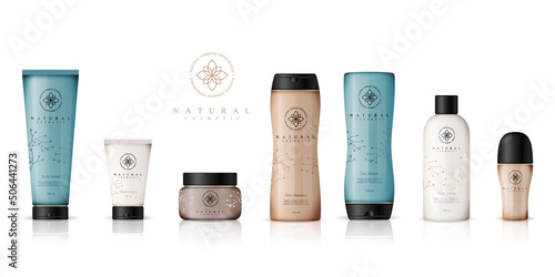 Realistic cosmetic bottles on white background. Cosmetic cream containers and tubes for cream, lotion, shampoo, gel, balsam, conditioner, spray. 3d Vector Illustration