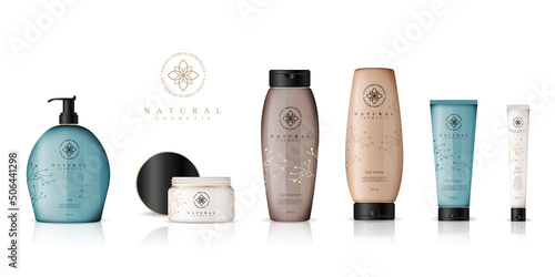 Realistic cosmetic bottles on white background. Cosmetic cream containers and tubes for cream, lotion, shampoo, gel, balsam, conditioner, spray. 3d Vector Illustration