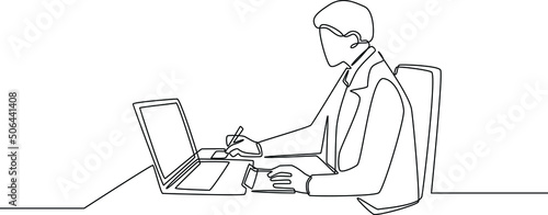 Continuous line drawing of businessman make records and calculating finance report on the laptop. Finance and Investment. Single line draw design vector graphic illustration.