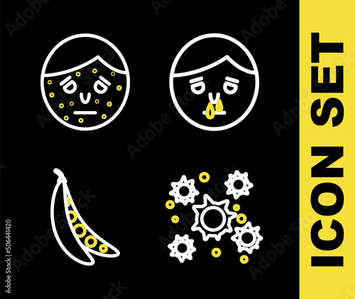 Set line Runny nose, Bacteria, Kidney beans and Face with psoriasis or eczema icon. Vector