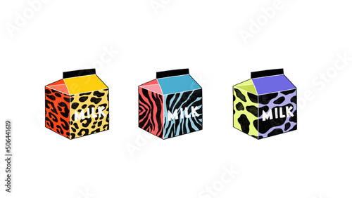 Set of colorful cute illustrations of cow milk packaging with different animal prints