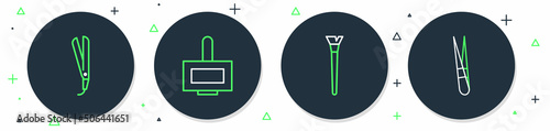 Set line Nail polish bottle, Makeup brush, Curling iron and Eyebrow tweezers icon. Vector