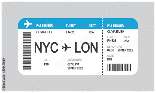 Realistic airline ticket design with flight time and passenger name, vector, illustration. photo