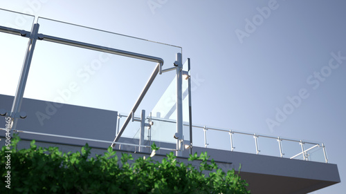 Modern stainless steel railing with glass panel, 3D illustration 
