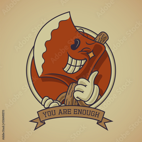 Cartoon emblem of smiling axe with retro style