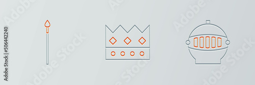 Set line Medieval iron helmet, spear and King crown icon. Vector