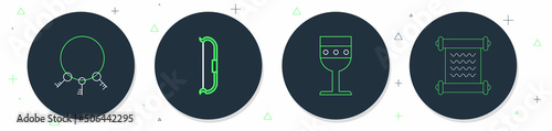 Set line Medieval bow, goblet, Old keys and Decree, parchment, scroll icon. Vector