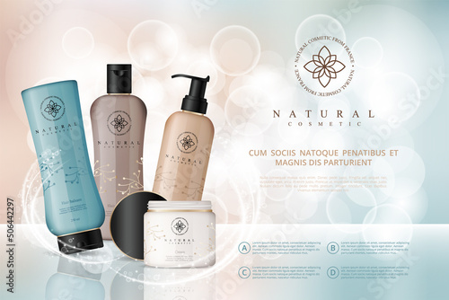 Vector cosmetic illustration for the promotion of cosmetic products on light bokeh background. Cosmetic cream containers and tubes for cream, lotion, shampoo, balsam, conditioner, spray