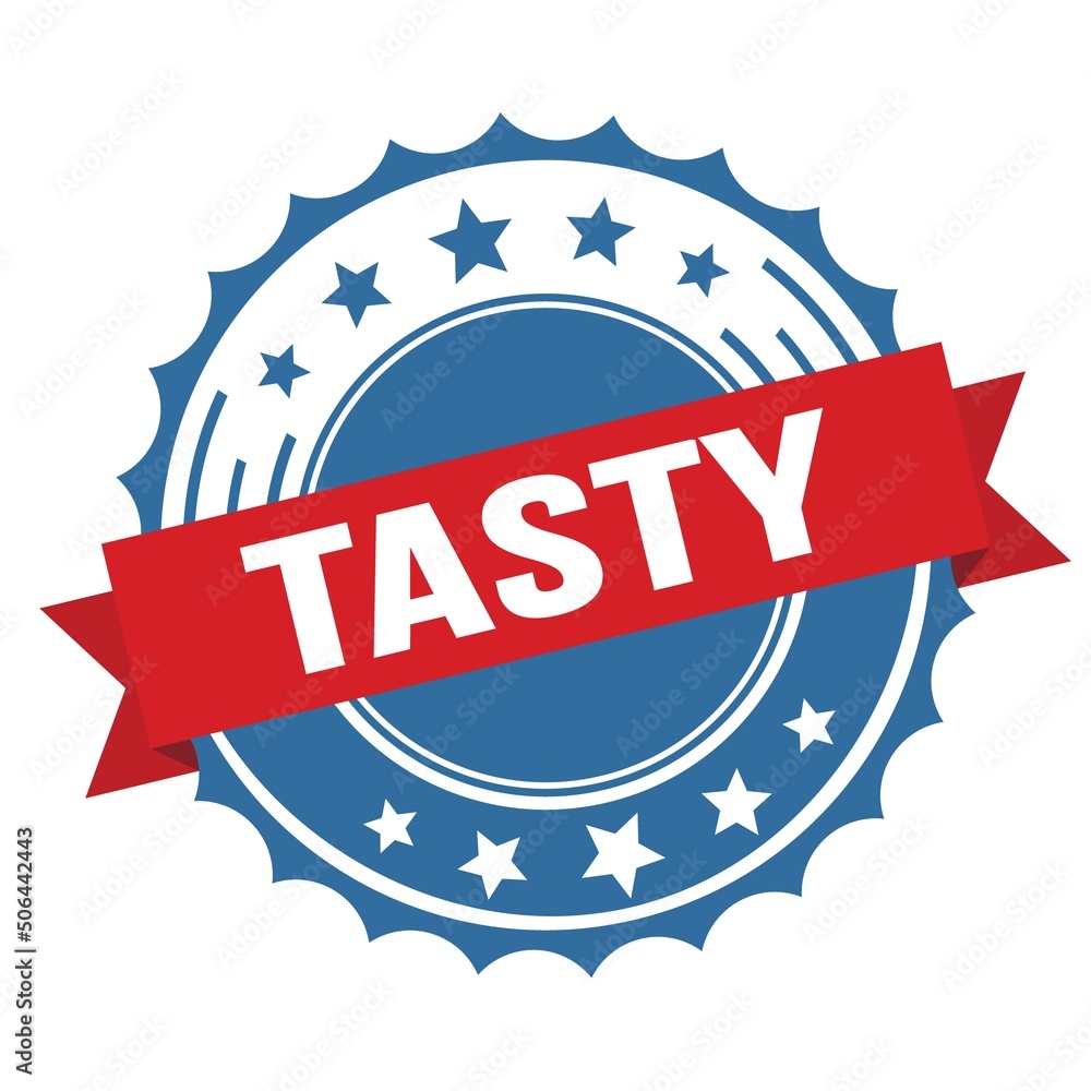TASTY text on red blue ribbon stamp. TASTY text on red blue ribbon stamp.