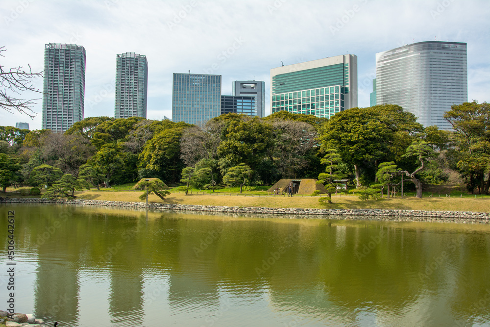 Skyline view of Chuo Ward by Sumida River from the Hamarikyu Gardens in Tokyo, Japan