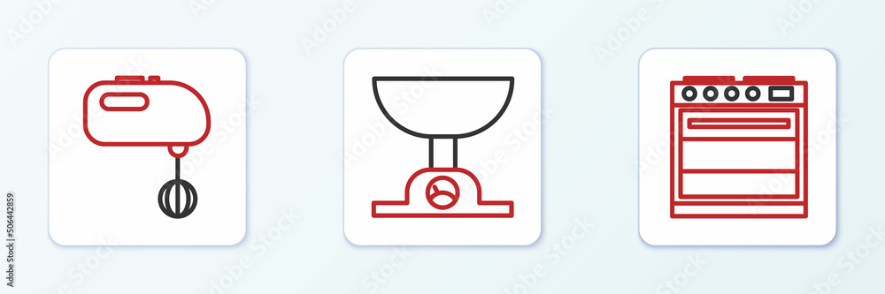 Set line Oven, Electric mixer and Electronic scales icon. Vector Set line Oven, Electric mixer and Electronic scales icon. Vector