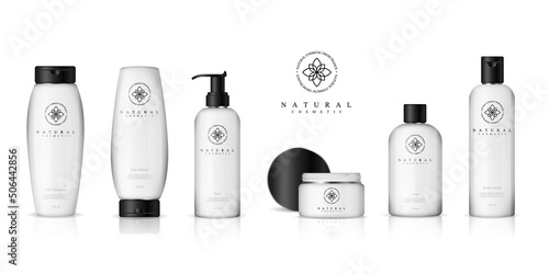 Realistic cosmetic bottles on white background. Cosmetic cream containers and tubes for cream, lotion, shampoo, gel, balsam, conditioner, spray. 3d Vector Illustration