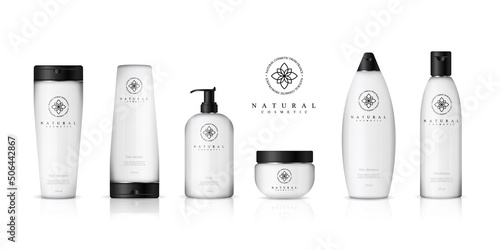 Realistic cosmetic bottles on white background. Cosmetic cream containers and tubes for cream, lotion, shampoo, gel, balsam, conditioner, spray. 3d Vector Illustration