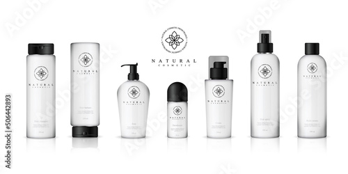 Realistic cosmetic bottles on white background. Cosmetic cream containers and tubes for cream, lotion, shampoo, gel, balsam, conditioner, spray. 3d Vector Illustration