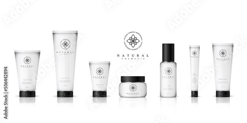 Realistic cosmetic bottles on white background. Cosmetic cream containers and tubes for cream, lotion, shampoo, gel, balsam, conditioner, spray. 3d Vector Illustration