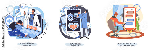 Mobile medicine mhealth online doctor, online medical services, health care program, talk to doctor from anywhere. Smartphone with medical application. Digital health and medical consultation metaphor