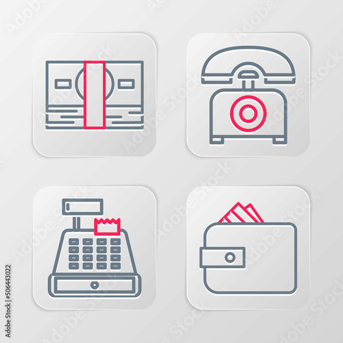 Set line Wallet with paper money cash, Cash register machine, Telephone and Stacks icon. Vector