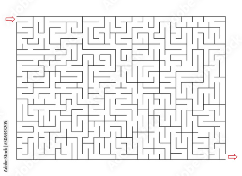 Rectangle labyrinth with entry and exit. Line maze game. Hard -Medium complexity. Kids maze puzzle, vector illustration