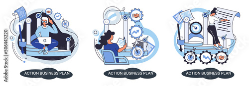 Action business plan, development strategies, foreseeing market risks. Company success secret, idea growing business achieve target metaphor, study production and sales market. Strategic biz planning