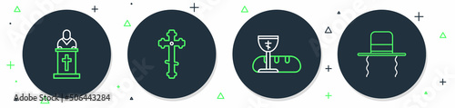 Set line Christian cross, First communion symbols, Church pastor preaching and Orthodox jewish hat with sidelocks icon. Vector
