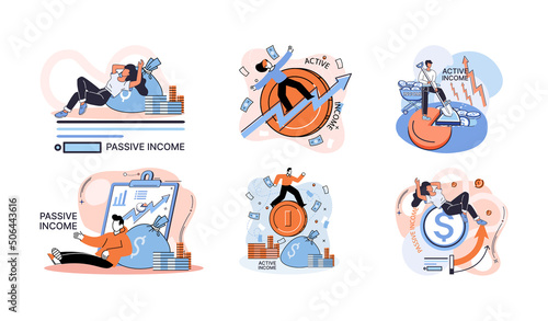 Active and passive income concept. Idea of financial growth and development with investments, interest on deposits, dividends. Metaphor illustrations about earnings, profit, cash and money flow