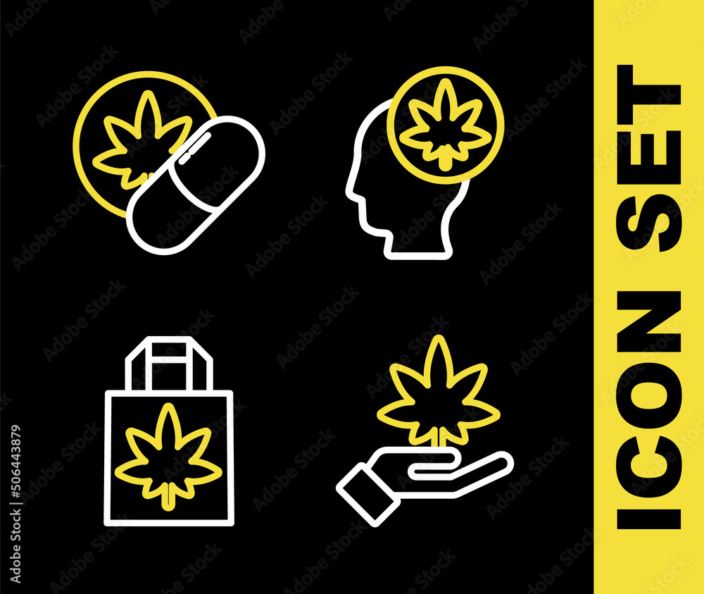 Set line Head with marijuana or cannabis, Marijuana leaf, Shopping paper bag of and Herbal ecstasy tablets icon. Vector Set line Head with marijuana or cannabis, Marijuana leaf, Shopping paper bag of and Herbal ecstasy tablets icon. Vector