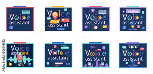 Voice assistant banner. Smart speaker with voice recognition flat vector inscription for websites on blue background. Smart speaker recognizes voice commands and controls smart home devices