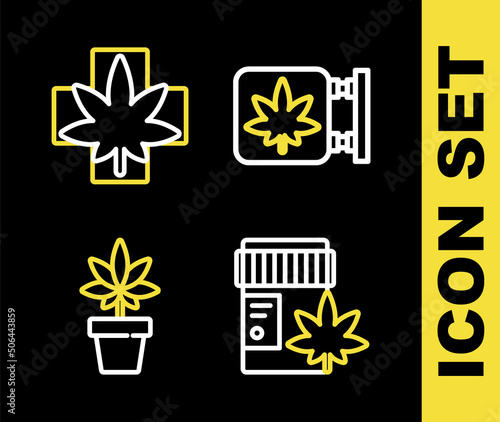 Set line Marijuana and cannabis store, Medical bottle with marijuana, plant and leaf icon. Vector