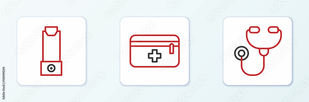 Fototapeta premium Set line Stethoscope, Inhaler and First aid kit icon. Vector