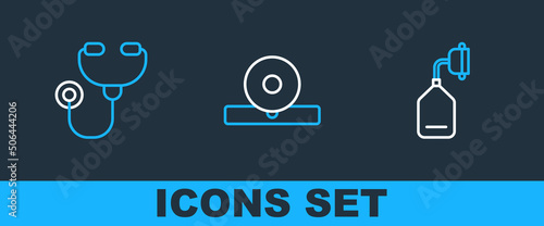 Set line Medical oxygen mask, Stethoscope and Otolaryngological head reflector icon. Vector