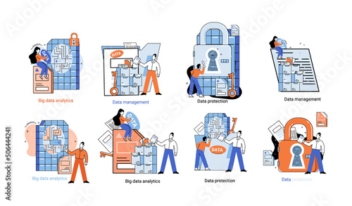 Big data analytics platform, data management and protection creative metaphor set abstract concept. Data center room disk infrastructure business information safety. Technology Internet and network